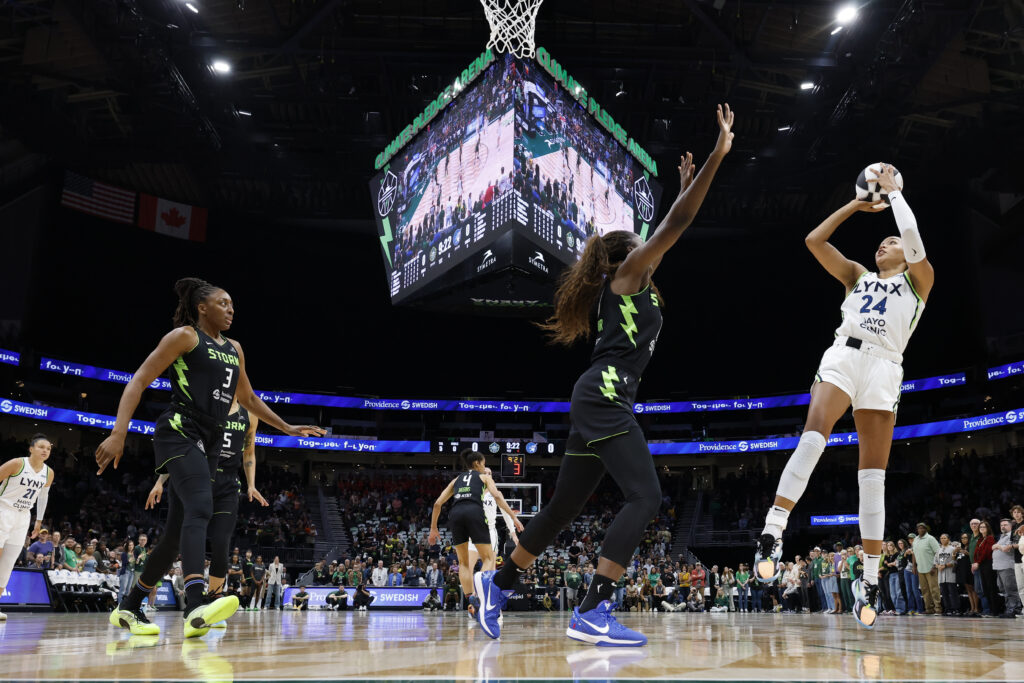 Seattle Storm forward Ezi Magbegor tries to defend a jump-shot from Minnesota Lynx forward Napheesa Collier during a 2025 WNBA Commissioner's Cup game.