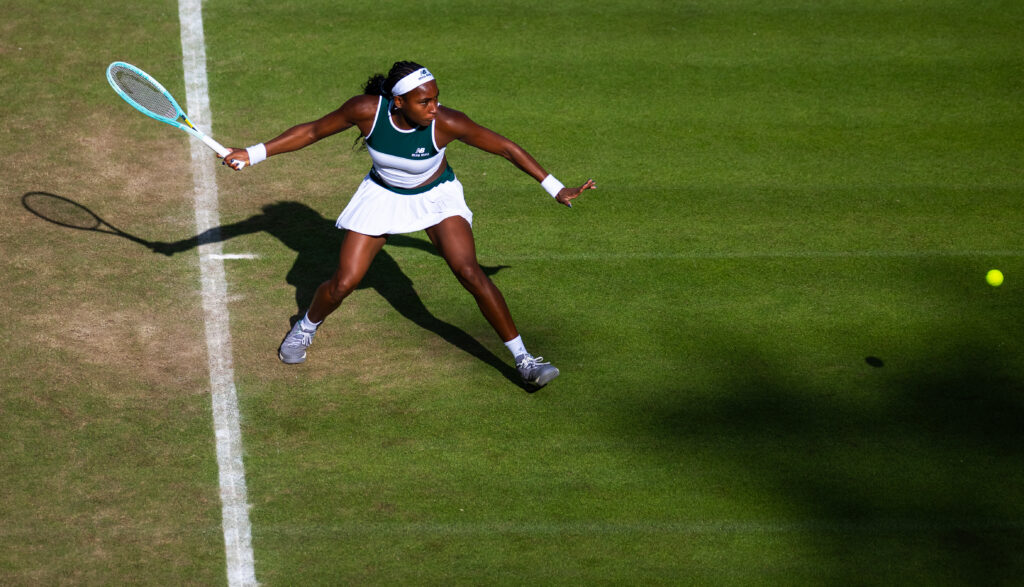 US tennis star Coco Gauff eyes the ball and preps her return during the Round of 16 at the 2025 Berlin Open.