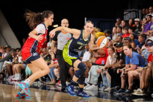 Washington Mystics rookie Sonia Citron guards Dallas Wings rookie Paige Bueckers during a 2025 WNBA game.