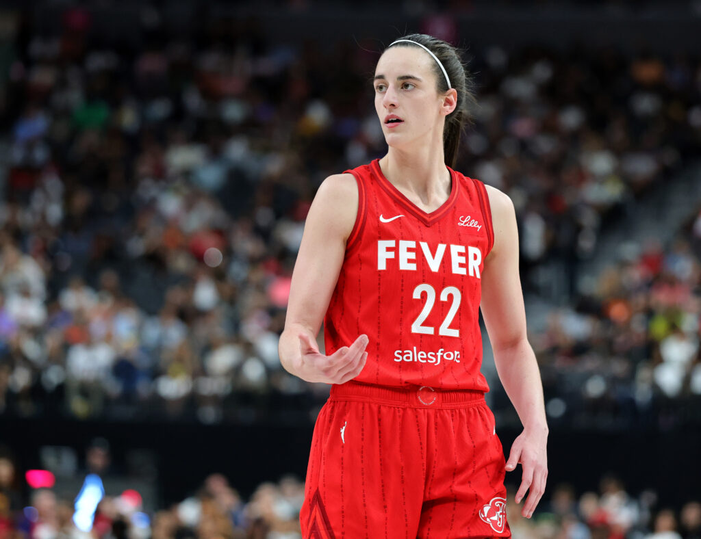 Indiana Fever guard Caitlin Clark waits for an inbound pass during a 2025 WNBA game.