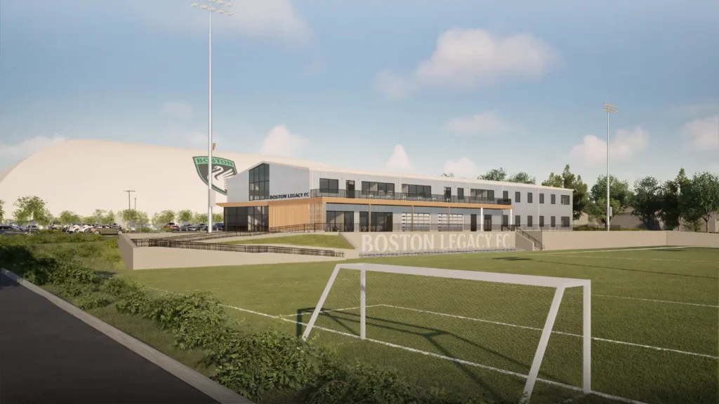 A rendering of the performance center being constructed for the NWSL expansion team Boston Legacy FC.