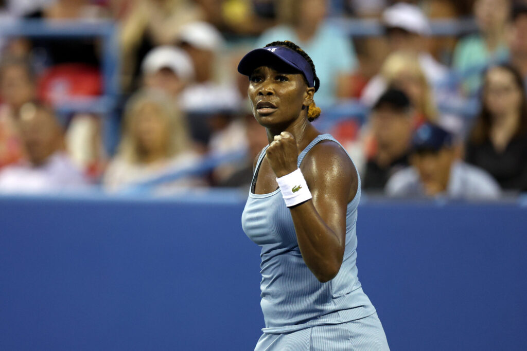 US tennis icon Venus Williams celebrates a point during a 2022 DC Open match.