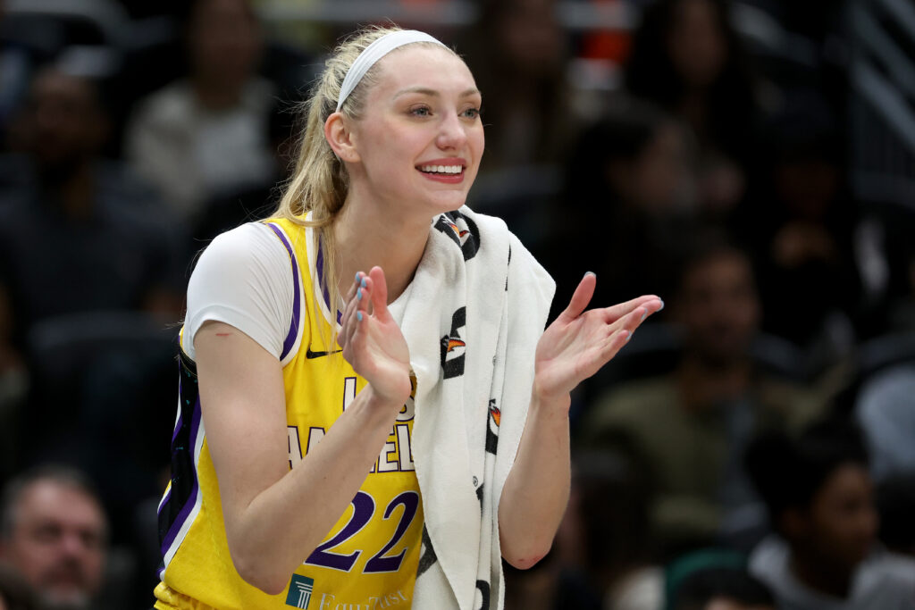 LA Sparks star Cameron Brink claps in celebration of a play during a 2024 WNBA game.