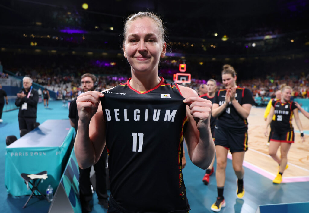 Belgium's Emma Meesseman celebrates a win at the 2024 Paris Olympics.