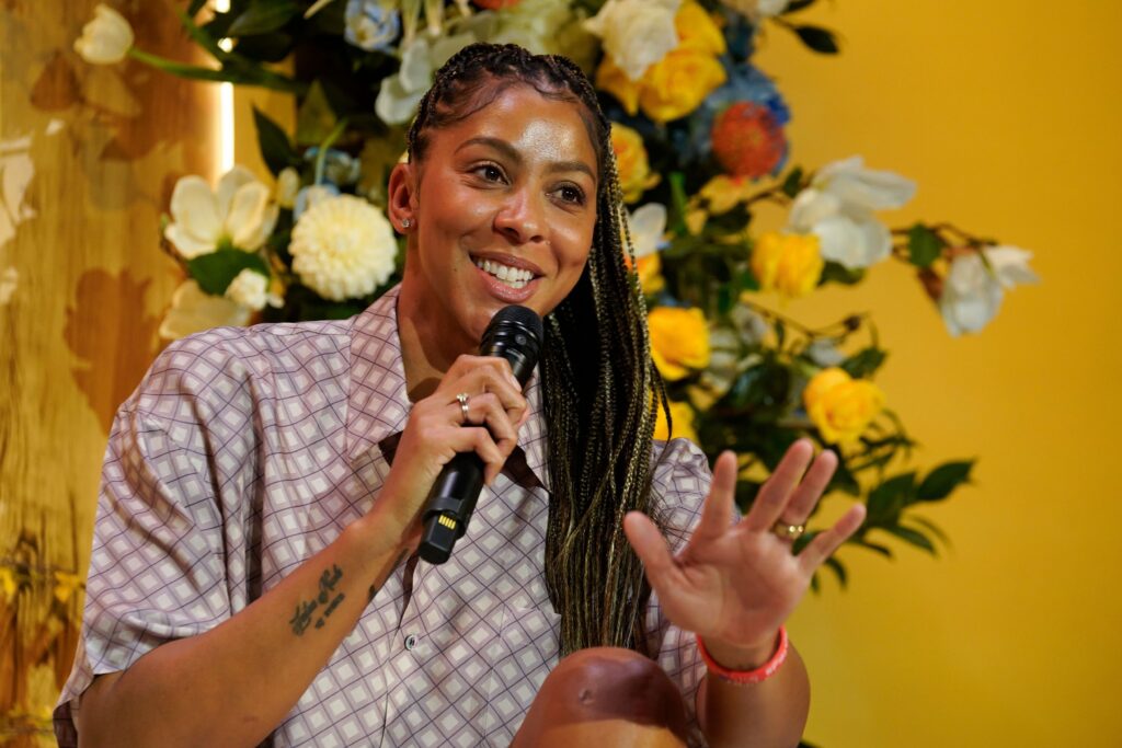 Candace Parker speaks at a panel during a 2024 Hello Sunshine event.