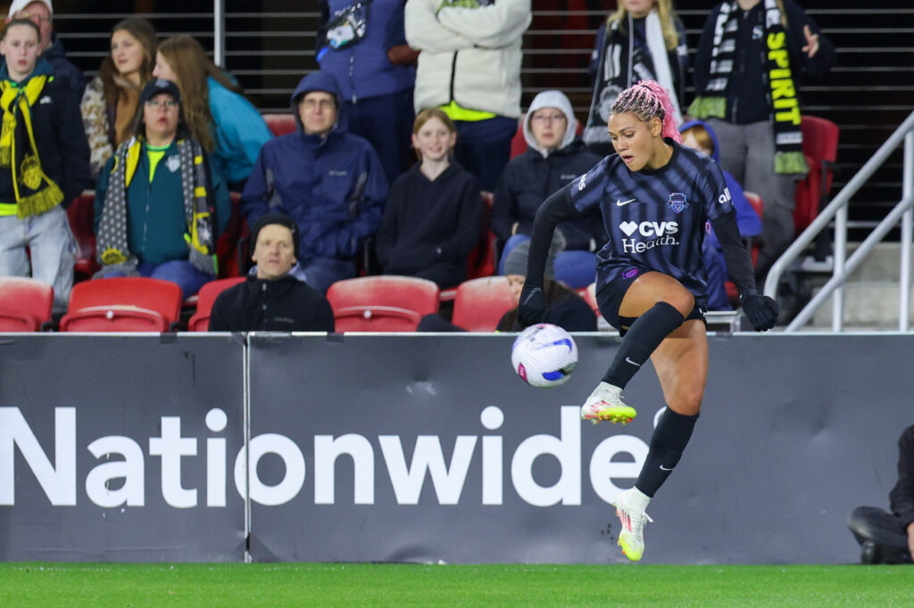 Washington Spirit forward Trinity Rodman receives a pass during a 2025 NWSL match.