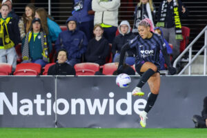 Washington Spirit forward Trinity Rodman receives a pass during a 2025 NWSL match.