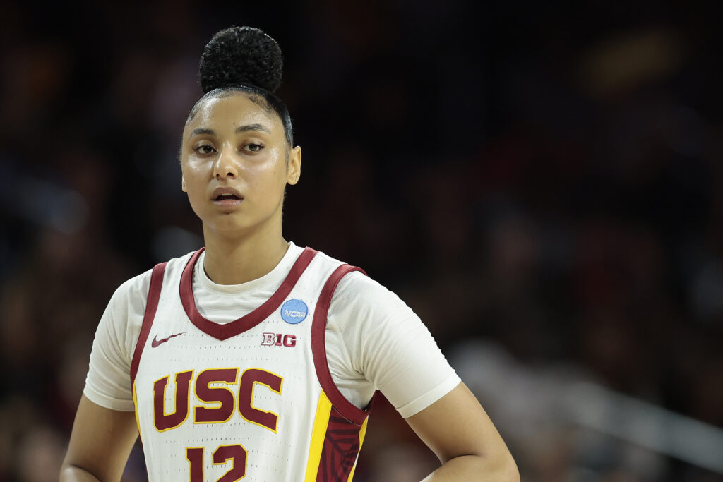 USC basketball star JuJu Watkins looks on during the Trojans' first-round game at the 2024/25 NCAA tournament.