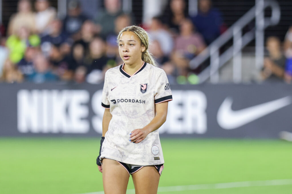 Angel City defender Savy King looks on during a 2025 NWSL match.