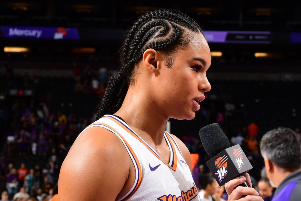 Phoenix Mercury forward and WNBPA rep Satou Sabally speaks to media after a 2025 WNBA game.