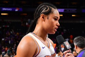 Phoenix Mercury forward and WNBPA rep Satou Sabally speaks to media after a 2025 WNBA game.