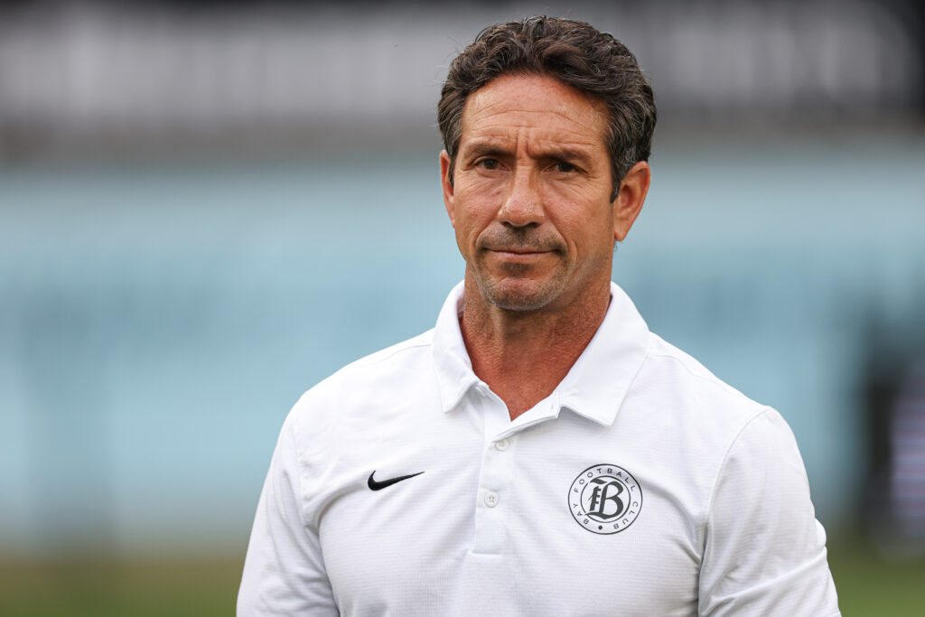 Bay FC head coach Albertin Montoya looks on before a 2025 NWSL match.