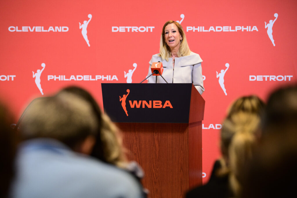 WNBA commissioner Cathy Engelbert speaks to media at a 2025 press conference.