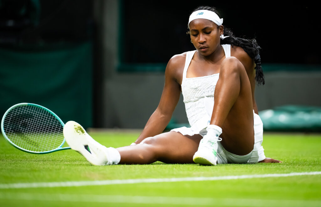 US tennis star Coco Gauff reacts to her 2025 Wimbledon first-round loss to Ukrainian Dayana Yastremska.