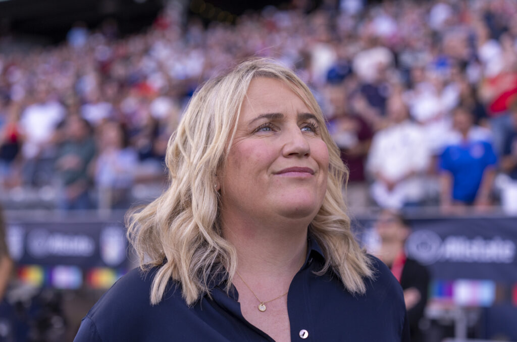 USWNT head coach Emma Hayes looks on before a 2025 friendly.
