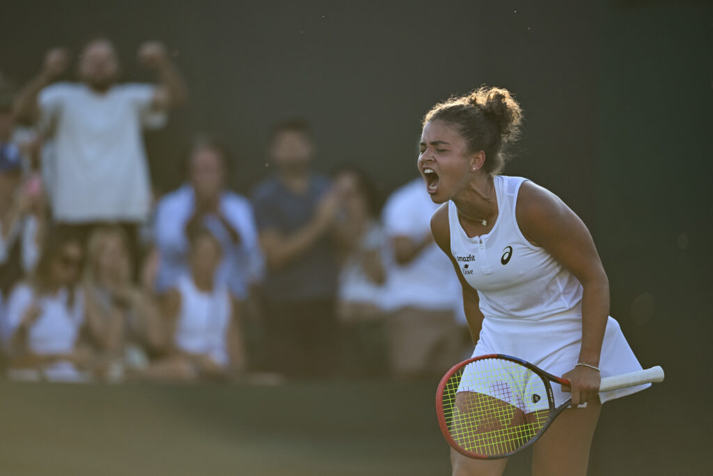 Italy's Jasmine Paolini celebrates her first-round win over Latvia's Anastasija Sevastova at the 2025 Wimbledon Championships