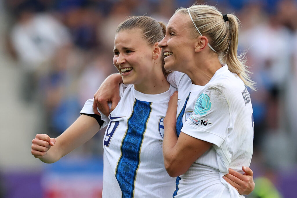 Finland's Katariina Kosola and Emma Koivisto celebrate a goal during their opening 2025 Euro match.