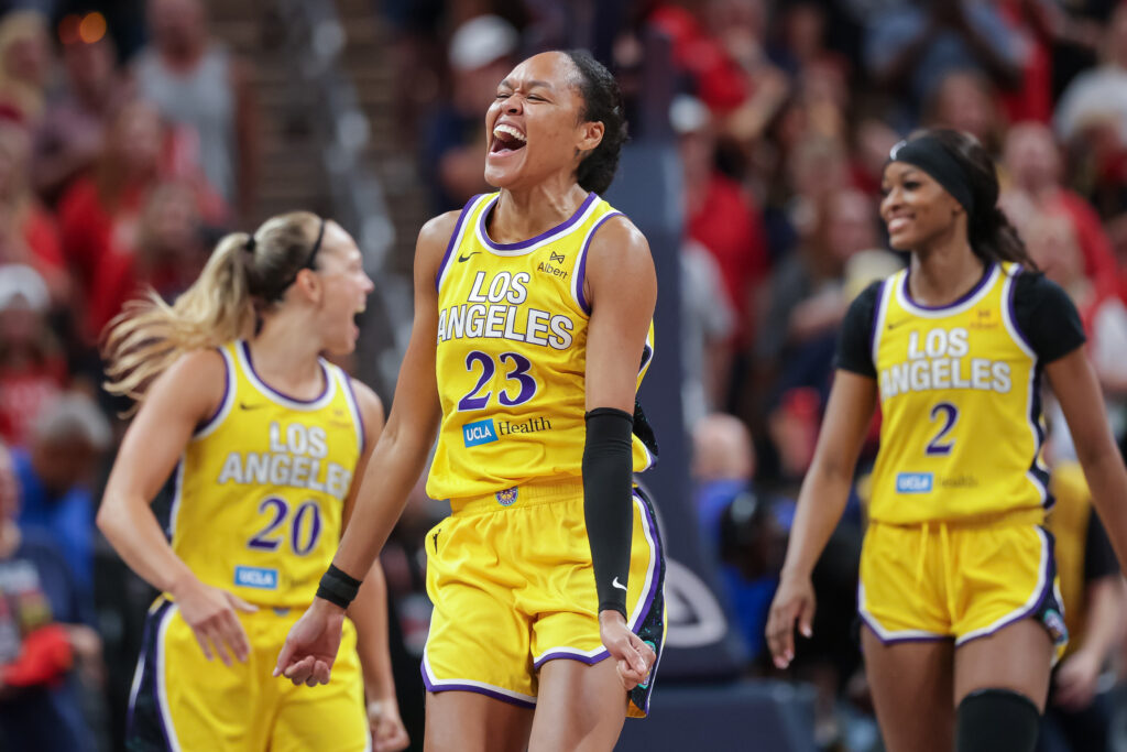 LA Sparks forward Azurá Stevens celebrates a 2025 WNBA win.