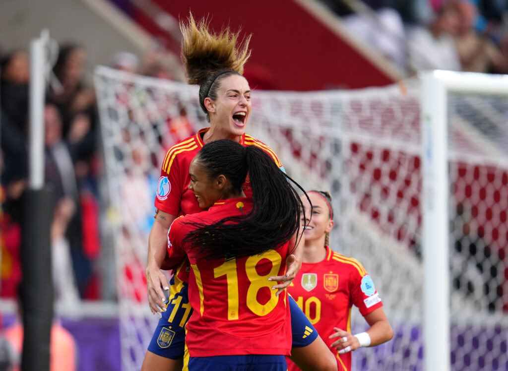 Spain attackers Alexia Putellas and Salma Paralluelo celebrate a goal at the 2025 Euro tournament.