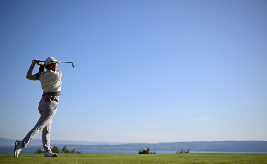 China's Miranda Wang plays a shot during the Pro Am before the 2025 Evian Championship.