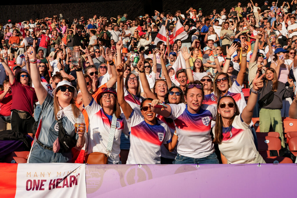 England fans celebrate a group-stage win over the Netherlands at the 2025 Euro tournament.