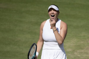 US tennis star Amanda Anisimova reacts to her 2025 Wimbledon semifinal win over Aryna Sabalenka.