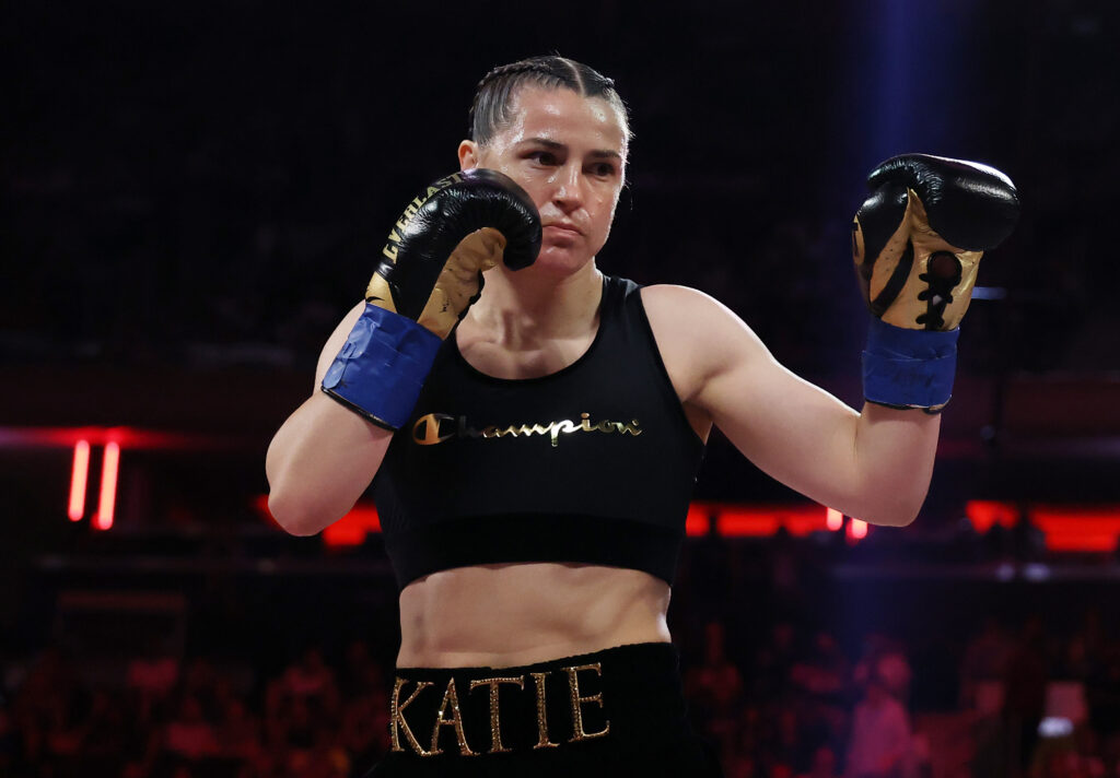 Katie Taylor fights against Amanda Serrano during their 2025 bout at Madison Square Garden.