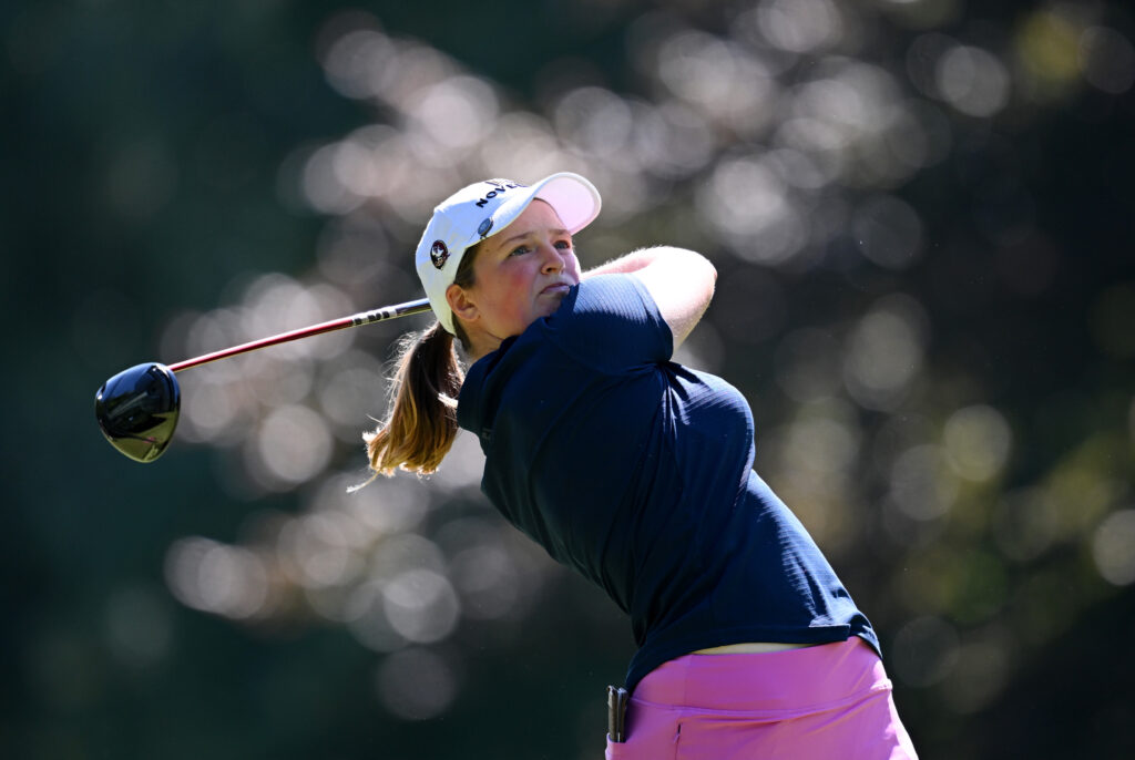 England's Lottie Woad tees off during the 2025 Evian Championship.