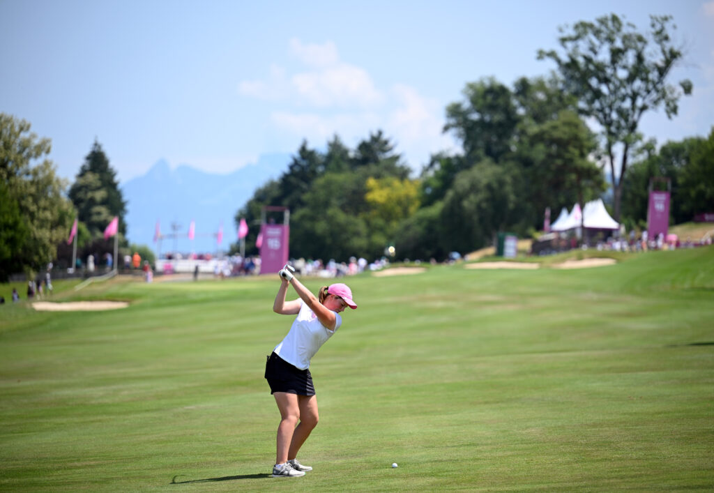 English amateur Lottie Woad plays a shot at the 2025 Evian Championship.