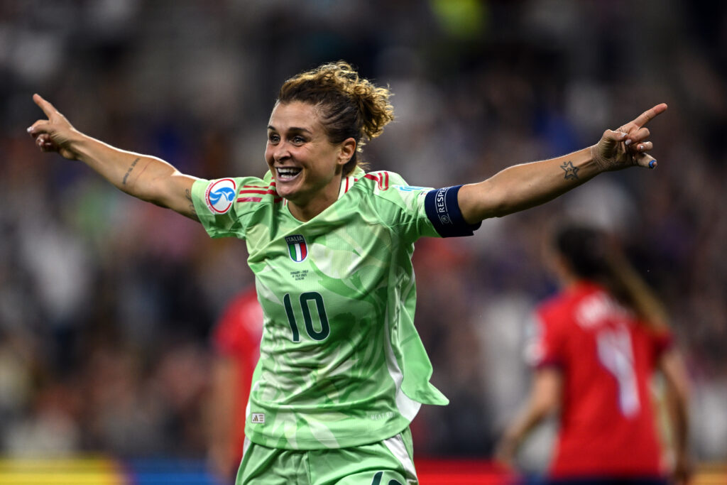 Italy striker Cristiana Girelli celebrates one of her two goals during their 2025 Euro quarterfinal win over Norway.