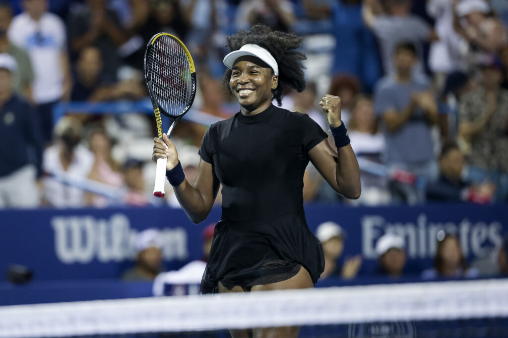 Venus Williams reacts to her 2025 DC Open first-round win over world No. 35 Peyton Stearns.