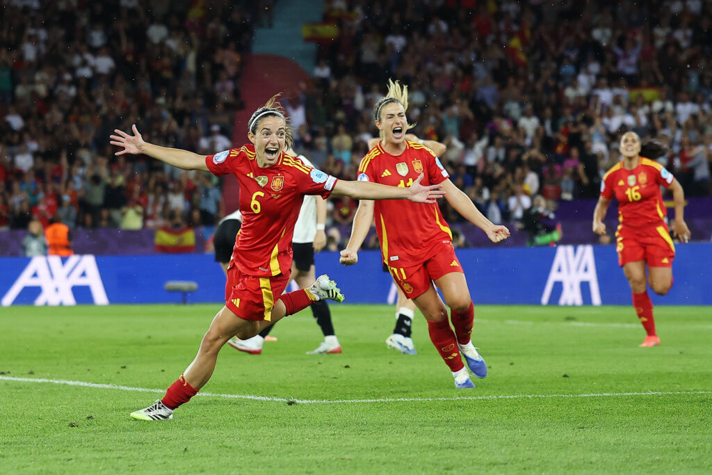 Spain midfielder Aitana Bonmatí celebrates her game-winning goal during the 2025 Euro semifinals.