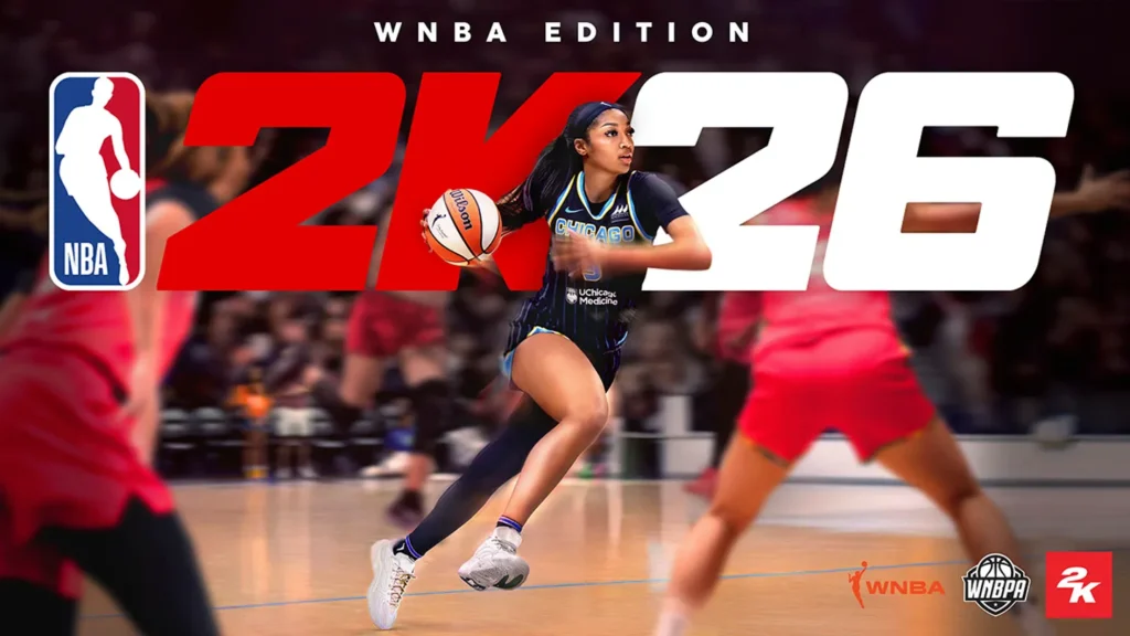 Chicago Sky forward Angel Reese dribbles across the NBA 2K26 WNBA Edition video game cover.