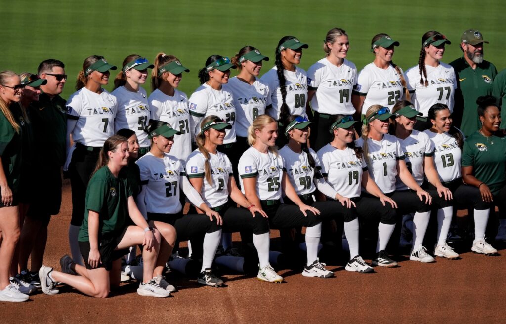 Former University of Alabama star pitcher Montana Fouts returned to Rhoads Stadium for the first time as a professional, pitching for the Talons of the Athletes United Softball League as they played the Volts.