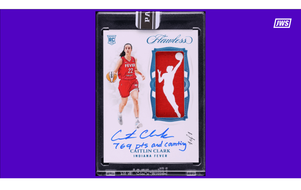 A graphic depicting the record-breaking signed Caitlin Clark 2024 Panini Flawless WNBA Platinum Rookie Logowoman Patch card.