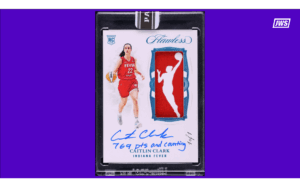 A graphic depicting the record-breaking signed Caitlin Clark 2024 Panini Flawless WNBA Platinum Rookie Logowoman Patch card.