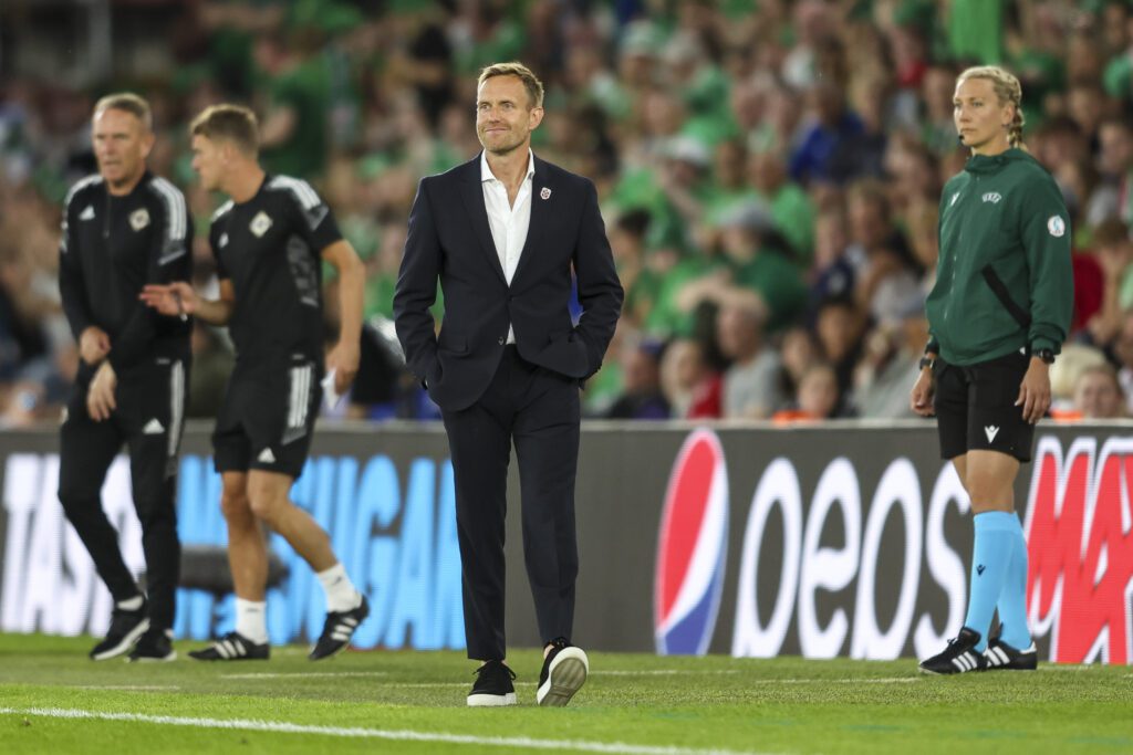 Norway head coach Martin Sjögren looks on during a 2022 Euro match.