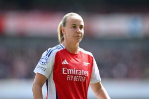 Arsenal forward Beth Mead looks on during during a 2024/25 Champions League semifinals match.