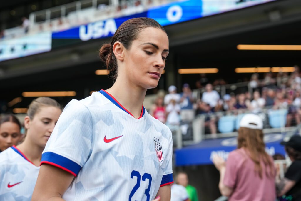 USWNT defender Emily Fox walks onto the field for a 2025 friendly.
