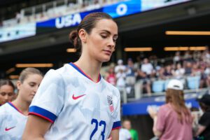 USWNT defender Emily Fox walks onto the field for a 2025 friendly.