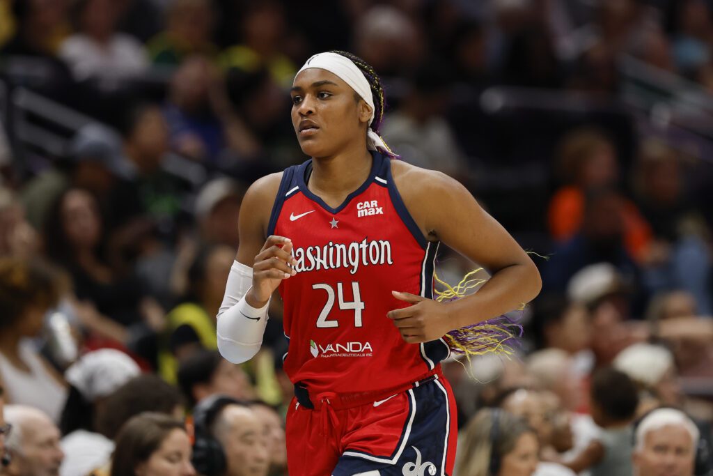 Washington Mystics forward Aaliyah Edwards runs down the court during a 2025 WNBA game.