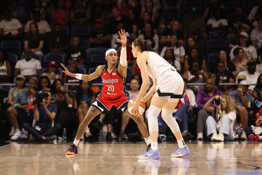 Washington Mystics star Brittney Sykes plays defense during a 2025 WNBA game.