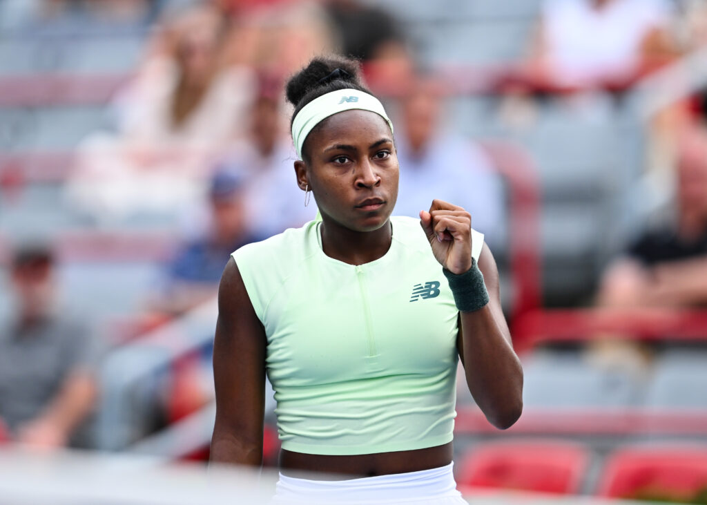 US tennis star Coco Gauff celebrates a point during a 2025 Canadian Open match.