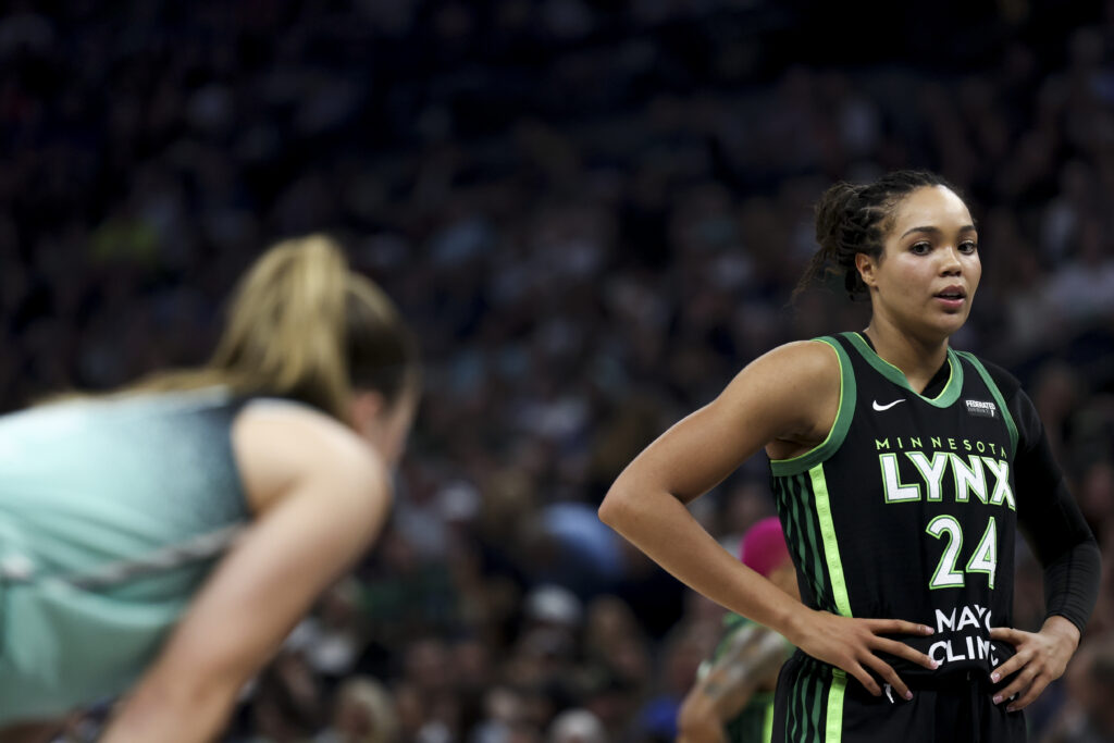 Minnesota Lynx star Napheesa Collier preps for a free throw during a 2025 WNBA game.