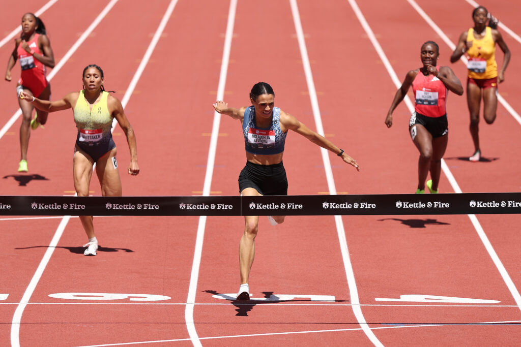 Track star Sydney McLaughlin-Levrone crosses the finish line to take 400-meter gold at the 2025 USATF Outdoor Championships.