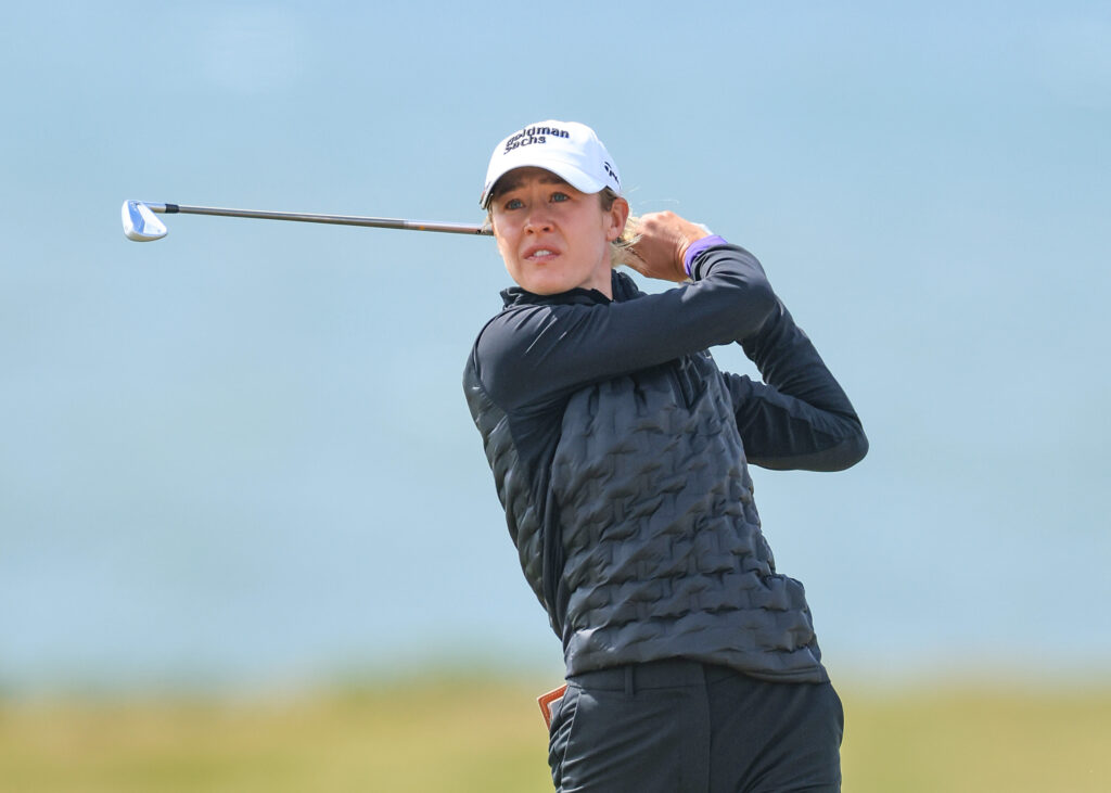 US golfer Nelly Korda plays a shot at the 2025 AIG Women's Open.