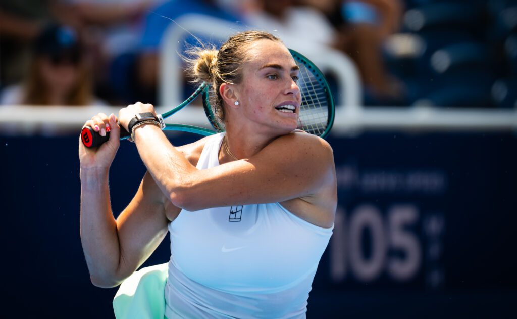 Defending champion No. 1 Aryna Sabalenka follows through on a backhand during her narrow Round of 32 victory over No. 39 Emma Raducanu at the 2025 Cincinnati Open.