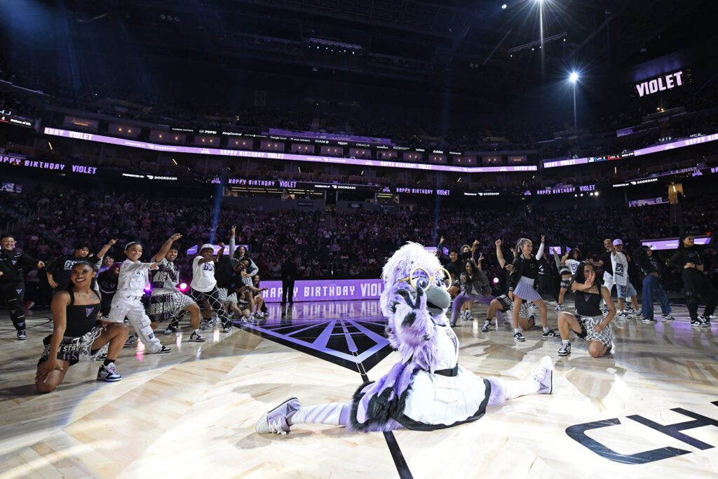 The Golden State Valkyries debut their new mascot Violet the Raven during an August 2025 WNBA game.
