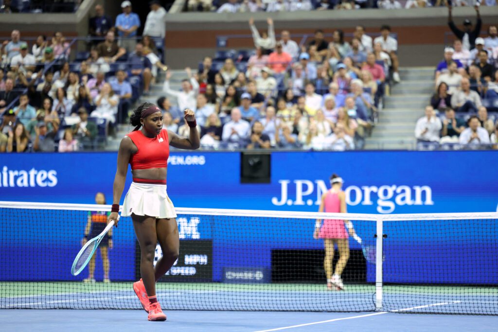 US tennis star Coco Gauff celebrates a point against Australia's Ajla Tomljanović during the first round of the 2025 US Open.