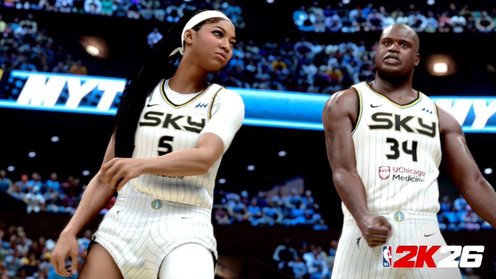 Avatars of WNBA star Angel Reese and former NBA icon Shaq play together in the NBA2K video game.